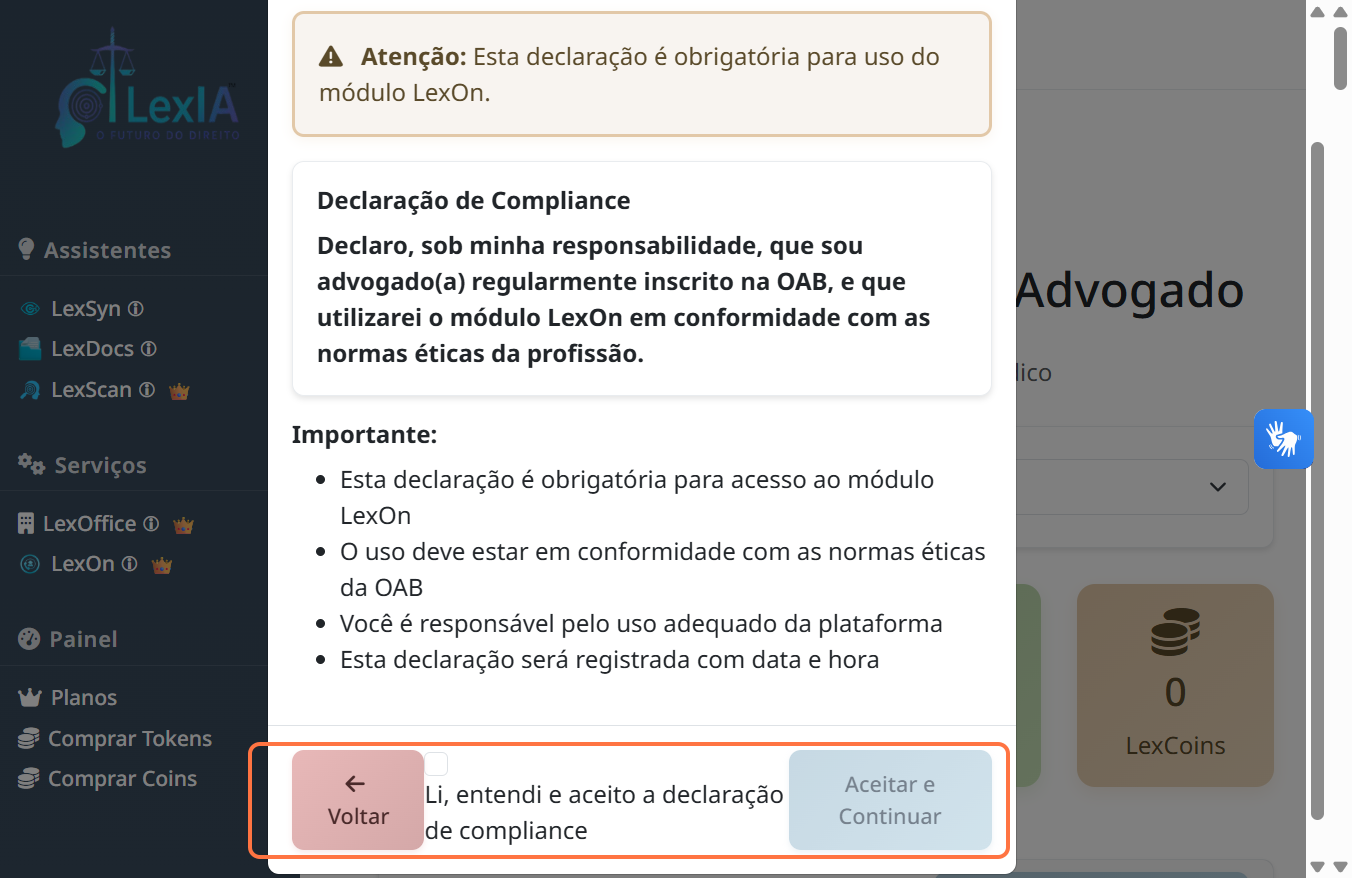 Tela de aceite de termos no LexOn